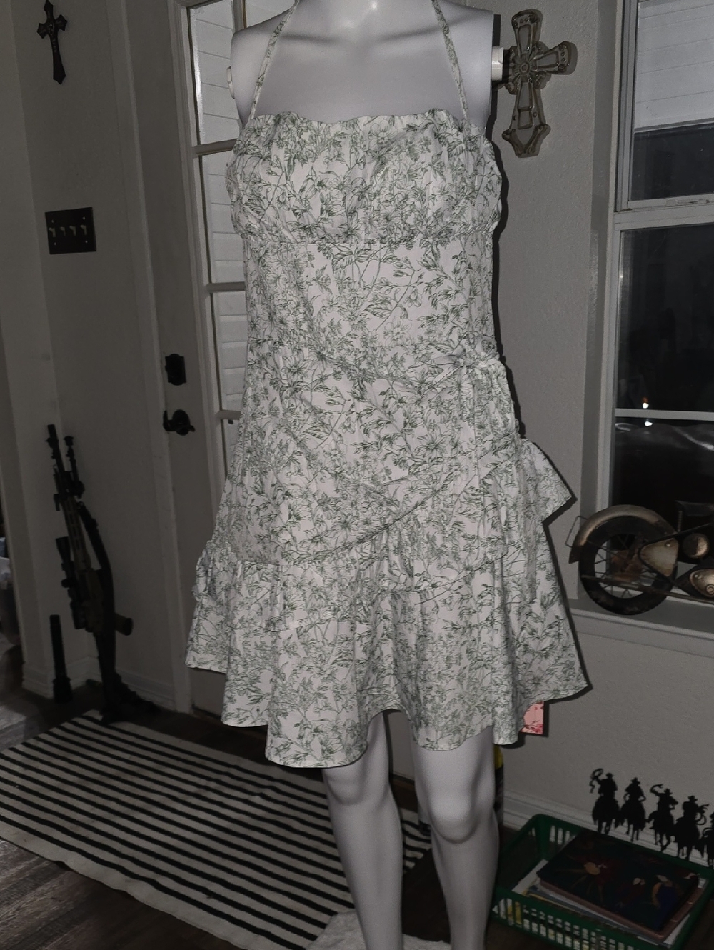 Floral Halter Ruffle Summer Dress in White and Sage Green